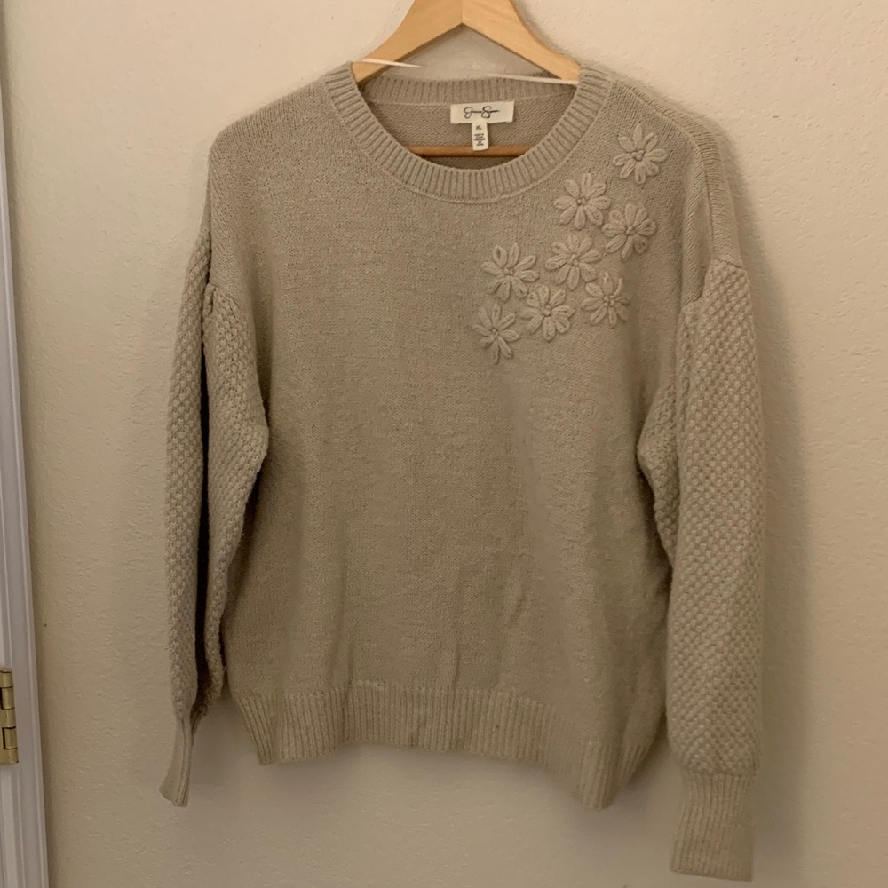 Jessica Simpson Cream Sweater with Floral Embroidery